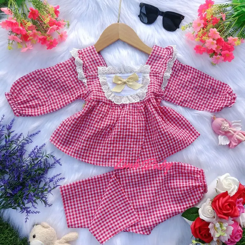 8_13ký) bộ đồ dài, áo tay dài cổ vuông đính nơ,quần dài chất vải đũi cho bé gái dưới 4tuổi 5