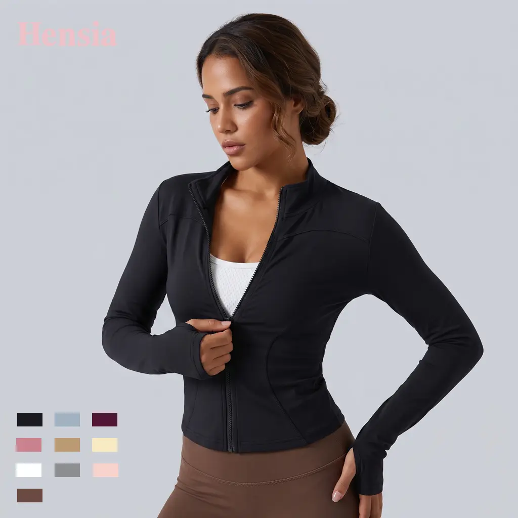 Chaqueta deportiva de manga larga con cuello alto, cremallera completa, ajustada, con puños con hebilla para el pulgar, tejido transpirable y muy elástico, perfecta para uso diario de yoga y fitness.