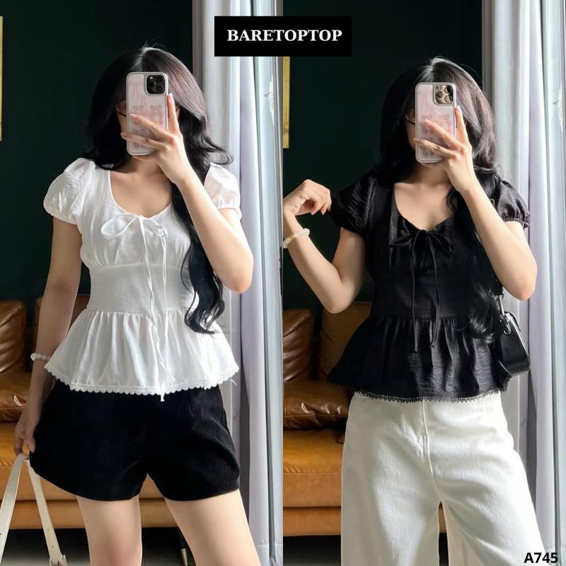  BARE_Áo Kiểu Nơ Buộc Bo Eo Tay Bồng Pha Ren Áo Babydoll Trễ Vai Thời Trang Nữ Có Bigsize_A745 