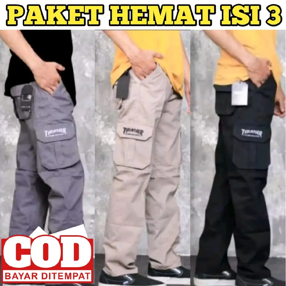FREE 100 RIBU - 3 PCS Celana CARGO PANJANG Theraser Casual Pria Pinggang Karet Nyaman