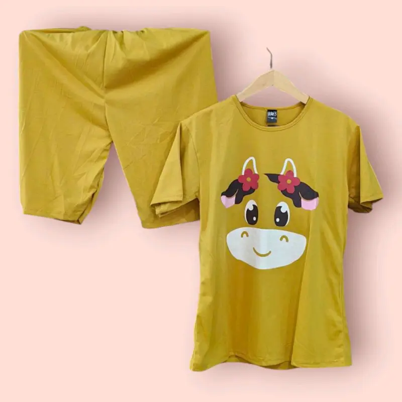 Setelan dewasa wanita pendek pendek motif moo moo 0