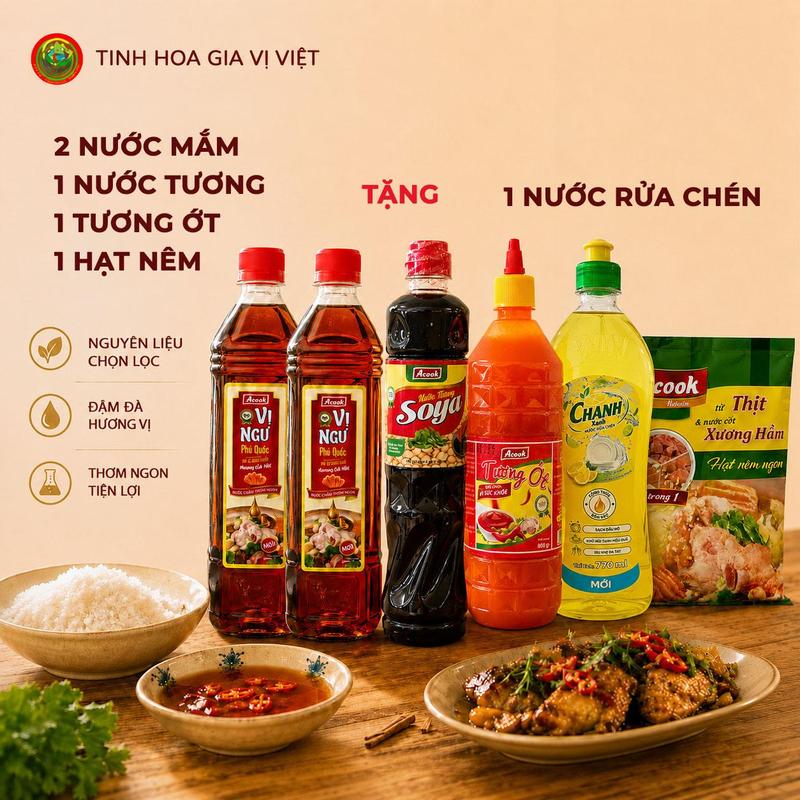 TRÒN VỊ: 02 VỊ NGƯ 900ML, 01 GÓI HẠT NÊM 400G, 01 NƯỚC TƯƠNG 700ML, 1 TƯƠNG ỚT 900, 1 RỬA CHÉN 770ML
