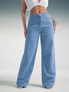 Jeans wide leg mujer Jeans Holgados con  Bolsillos  para Mujer Corte Curvo Regular Fit Cintura Alta Elástica Lavado Claro Algodón Casual Primavera Otoño Unicolor vaqueras mujer outfit