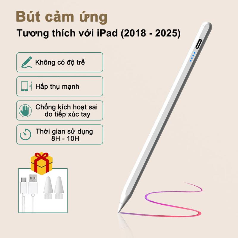 Bút cảm ứng dành cho iPad ( tương thích với iPad 6/7/8/9/10/11 (A16), mini 5/6, Air 3/4/5/6/7, M2 Pro 3/4/5/6/M3 (11 inch / 12.9 inch)) Có tính năng chống chạm nhầm và nhận diện độ nghiêng. (KHÔNG dùng được cho máy tính bảng hoặc điện thoại Android)