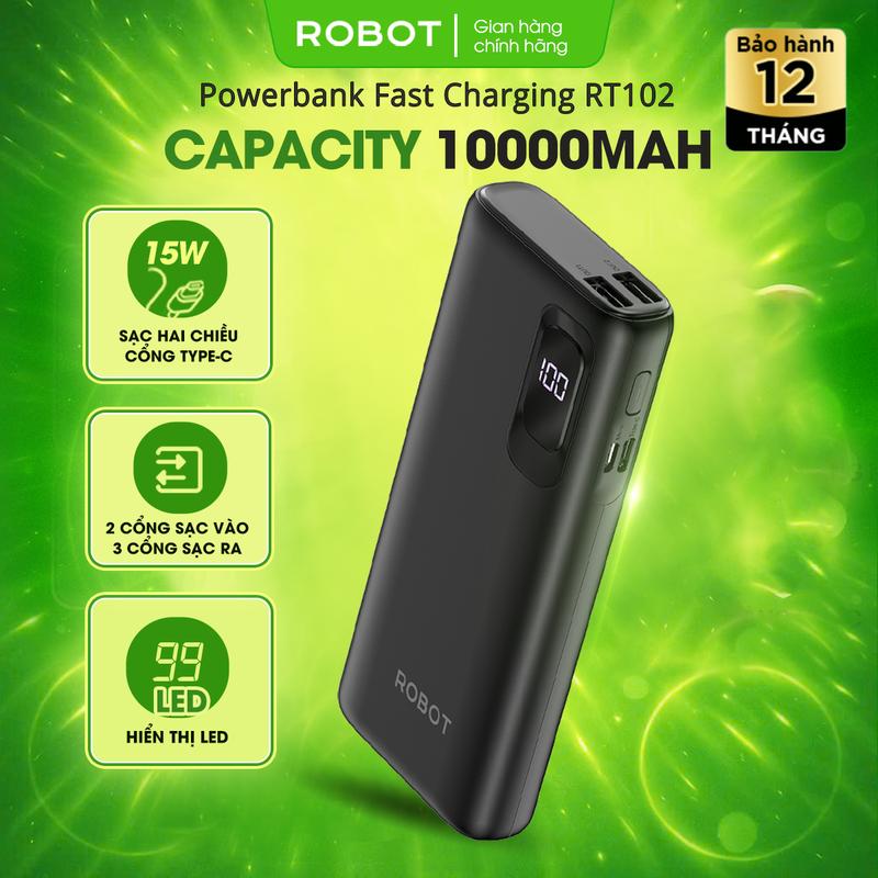Pin Dự Phòng Sạc Nhanh ROBOT RT102 Công Suất 15W 3 Cổng Ra USB TypeC & 2 Cổng Vào Micro Type-C Có Hiển Thị LED