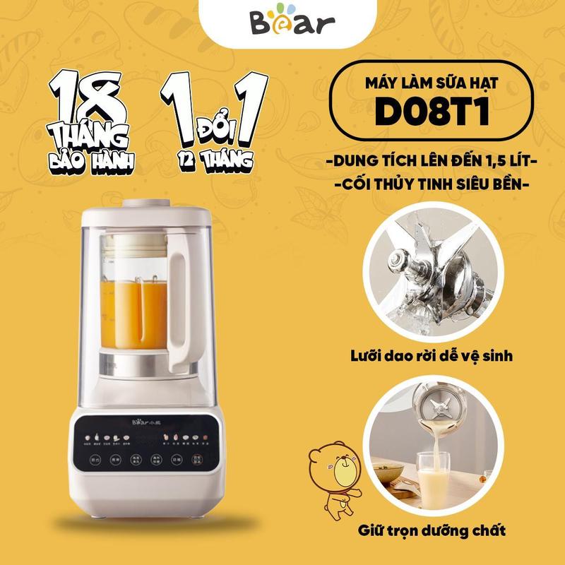 [KOC] Máy làm sữa hạt 1.5L Bear PBJ-D08T1 - Chụp chống ồn - Lưỡi tháo rời - Xay nấu nhuyễn mịn, hoạt động êm ái - Hàng Chính Hãng
