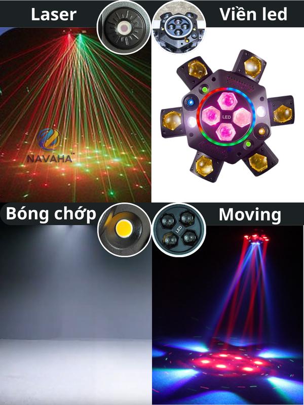 Đèn sân khấu moving 6 cánh 16 mắt viền led có 10 mắt led 4 mắt chớp 2 mắt laser 200W NAVAHA cảm biến âm thanh chớp theo nhạc phòng hát 3