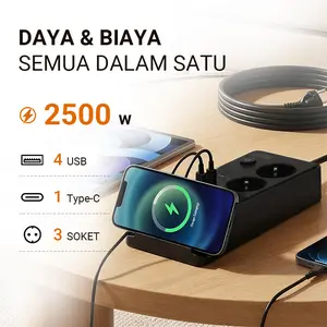 2500W Stop Kontak Flame Retardant 3 Lubang USB Type-C Plug Steker Saklar Terminal Sambungan Saklar On Off 2/3/5 Meter Tembaga Wireless Charging Anti Panas Flame Retardant Kabel Aman Untuk Rumah Kantor Kos Mobil Colokan Putih Hitam