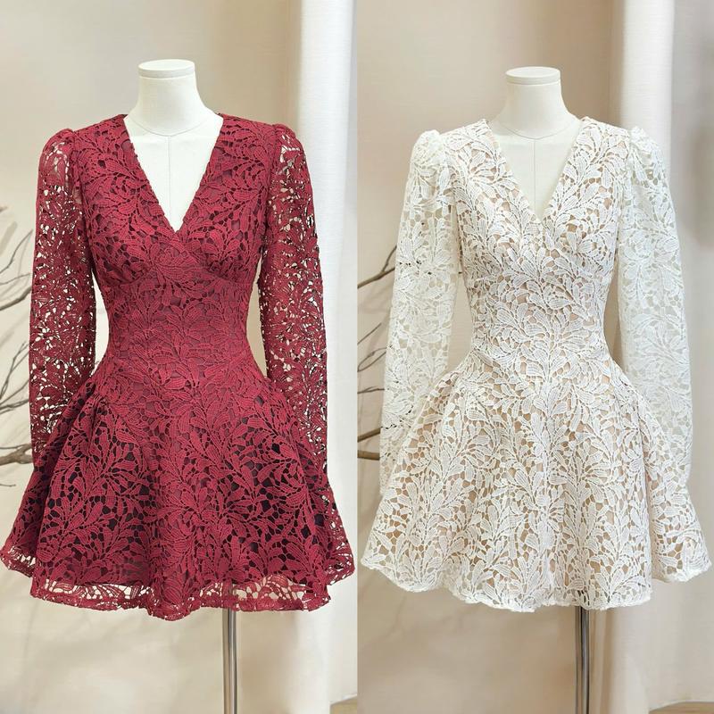 Kiều Linh -Váy Dự Tiệc Thiết Kế Dáng Ngắn KL830 chất liệu Ren Thêu Hoa Cổ V Chân Váy Xinh Xòe 2 Lớp Lót Giấu Đường May Kĩ