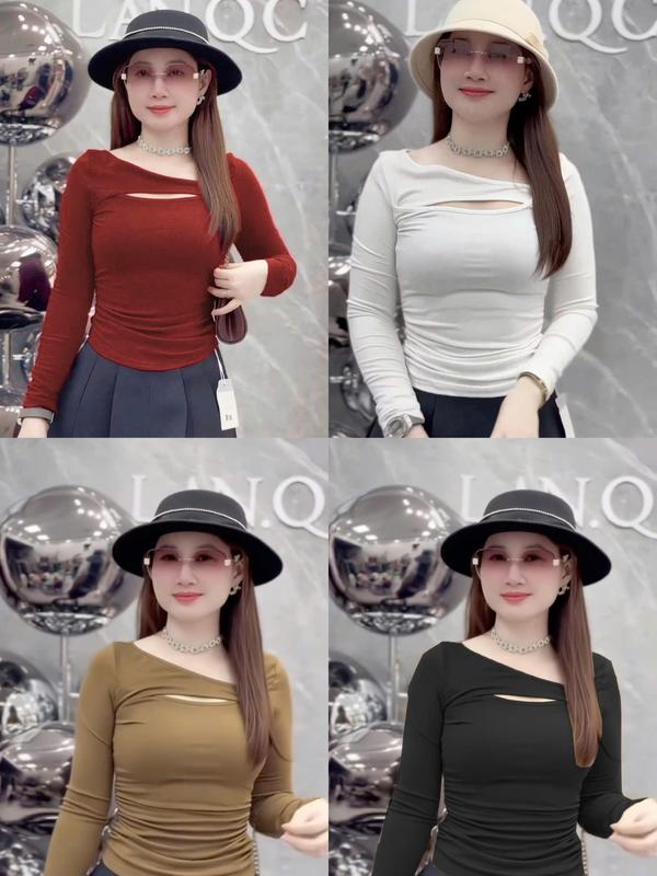 39-73KG Áo BORIP COTTON nữ khoét ngực điệu đà co dãn 4 chiều dài tay thanh lịch nhiều màu
