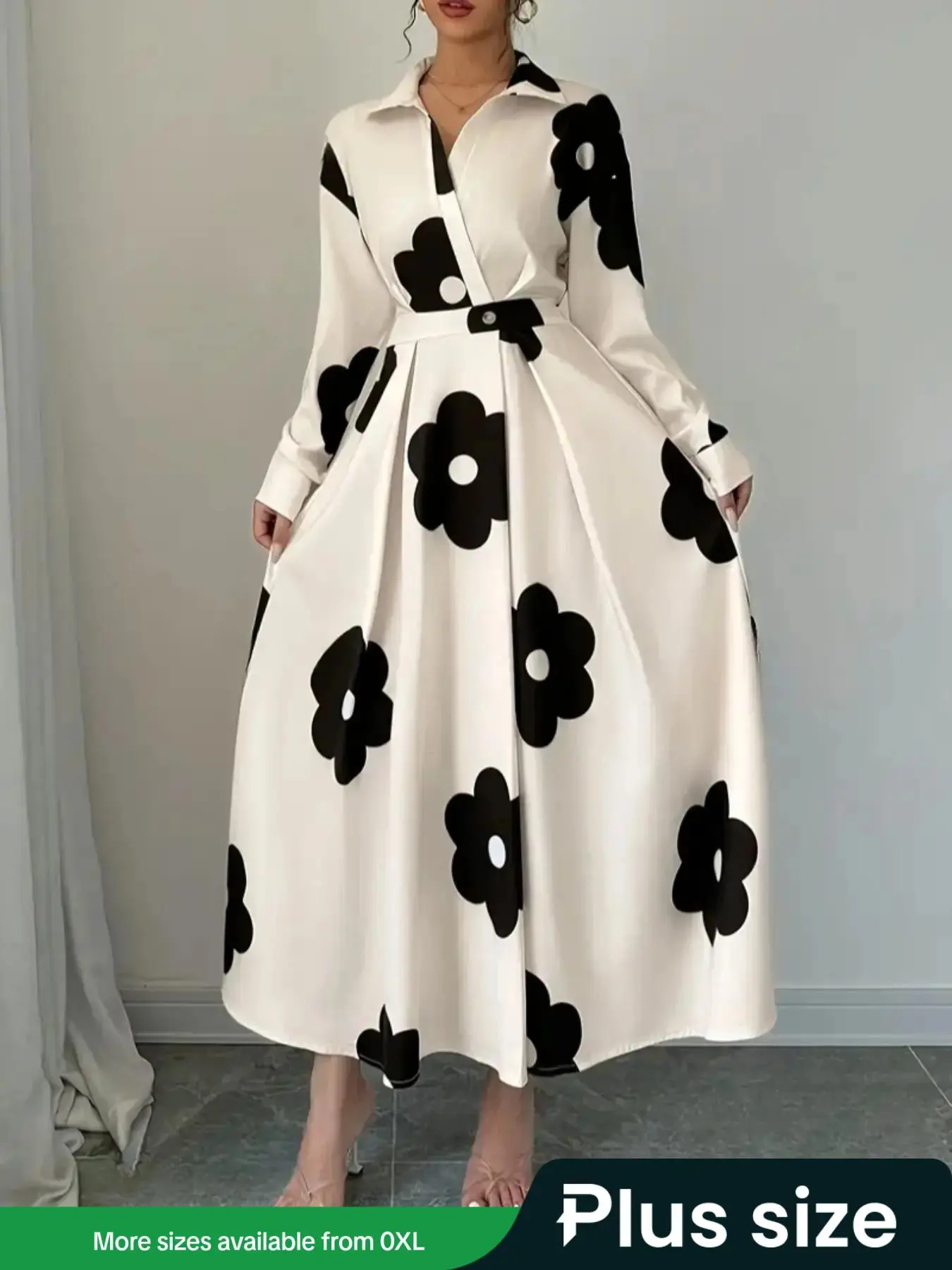 【Plus Size】 Floral Print Long Sleeve Dress, Elegant Fashion Casual Dress for Daily Outdoor Wear, Women Plus Clothing for Spring & Fall