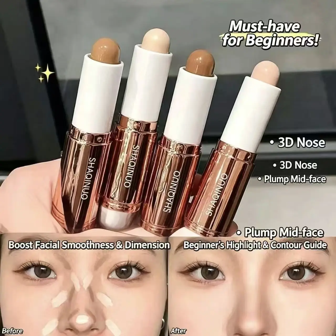 Stick Contour & Highlight 2 IN 1 Tekstur Lembut Mudah Di-blend Membuat Wajah Berdimensi Cocok Untuk Pemula Makeup Wajah