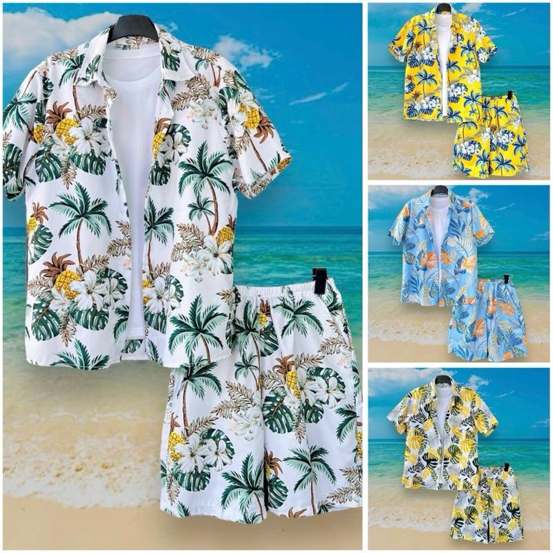 (20 MÀU) ĐỒ BỘ SƠ MI HOA LÁ ĐI BIỂN vải kate thái, Quần áo đồng phục đi biển nam nữ