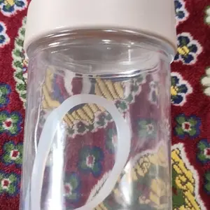 Eatkit Gelas Kaca Oatmeal 350ml Dengan Tutup Anti Tumpah Free Sendok Stainless Glass Tumbler Wadah Biru Kuning