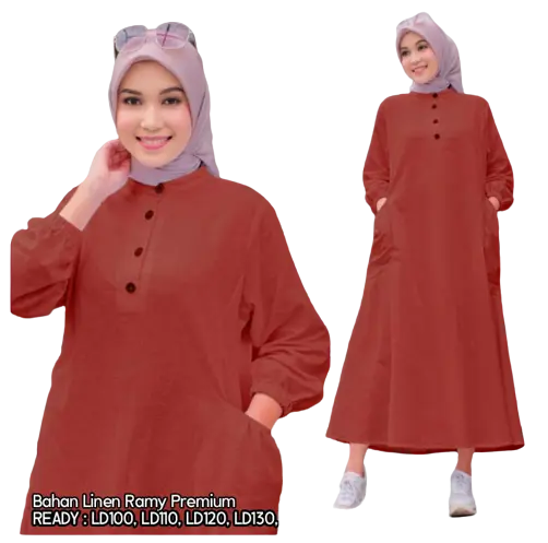 Sahnaz Midi Dress Wanita Muslim Korean Style Bahan Linen Rami Premium Busui Friendly Gamis Kancing Sangat Adem dan Nyaman
