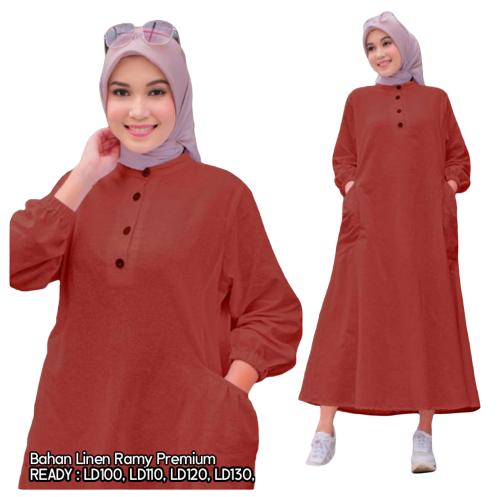 Sahnaz Midi Dress Wanita Muslim Korean Style Bahan Linen Rami Premium Busui Friendly Gamis Kancing Sangat Adem dan Nyaman 1