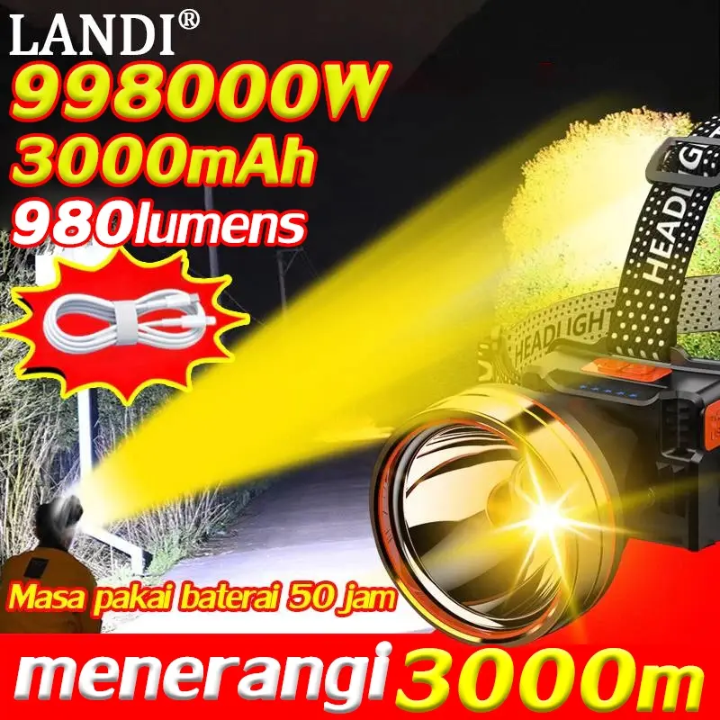 lebih terang dari sinar laser senter kepala LANDI Head lamp LED 85W 4000 lumen 998000mAh Dapat diisi ulang dan digunakan kembali Cocok untuk penggunaan di luar ruangan dan di dalam ruangan Dapat menerangi 5000m(Senter kepala LED Senter kepala led gla