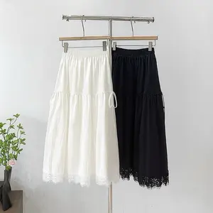 FUGUI Midi Skirt Cotton Twist Mix A Line Renda Brukat Rok Wanita Midi dengan Desain Elegan dan Nyaman untuk Tampilan Harian