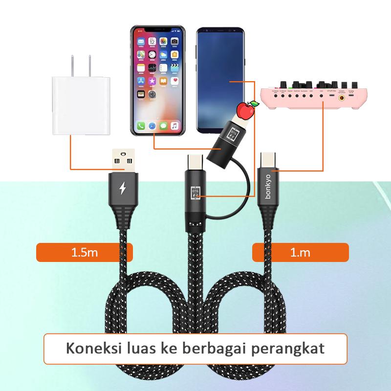 Bonkyo Kabel OTG 2 in 1 Type C & Lightning 1.5m dan 1m untuk Pengisian Daya & Soundcard Live dengan Desain Tahan Tarikan dan Tekukan