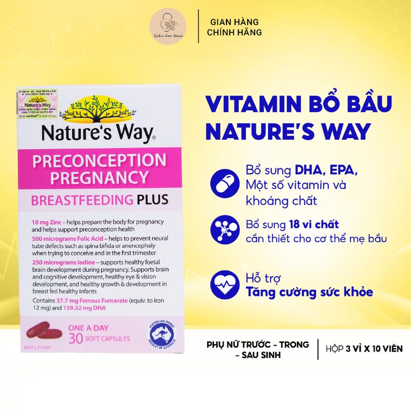 Viên uống vitamin bầu Preconception Pregnancy Nature's Way Úc - 30 viên - Hỗ trợ chăm sóc sức khỏe mẹ bầu Vitamin bầu