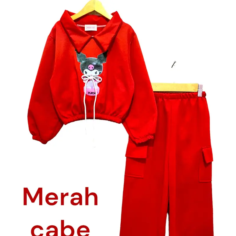 Baju Setelan Sweter Crop Anak Perempuan Gambar Kuromi Viral 3D tali Timbul Celana Cargo usia 2 sampai 12 Tahun 6