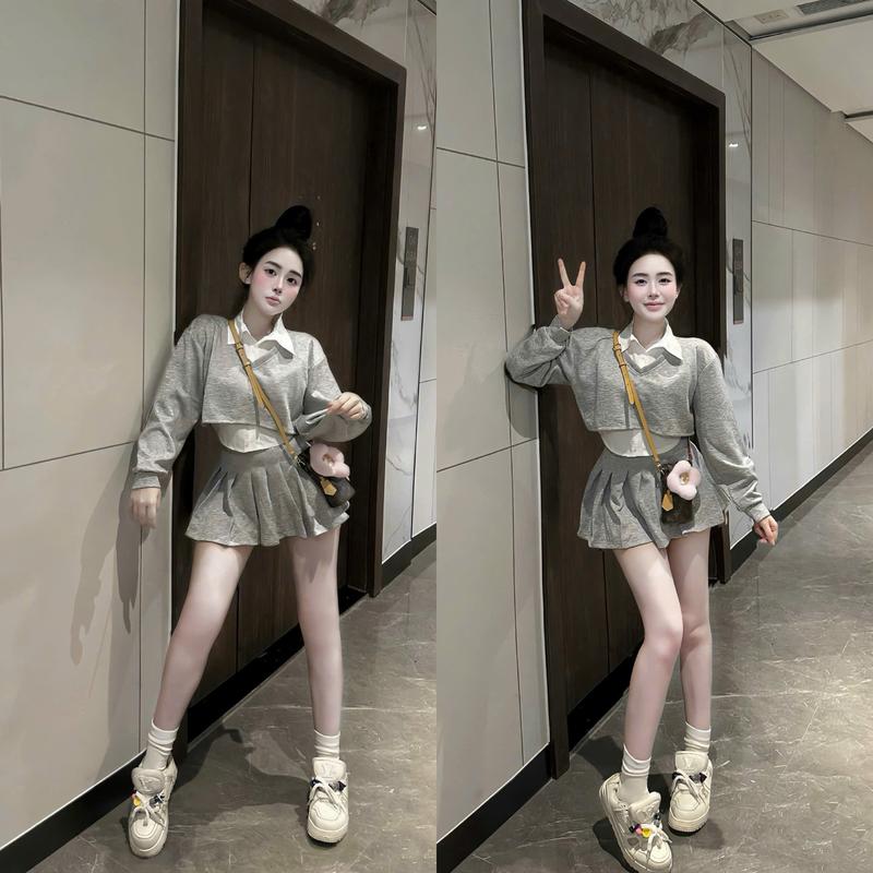 New Sét 3 món Áo Croptop + ÁO sơmi + Chân váy áo dài tay nỉ 2 da cổ tim sang chảnh Mix áo sơmi trắng xinh xắn + Dành Cho Nữ + TOP WOMEN "lisa dress"