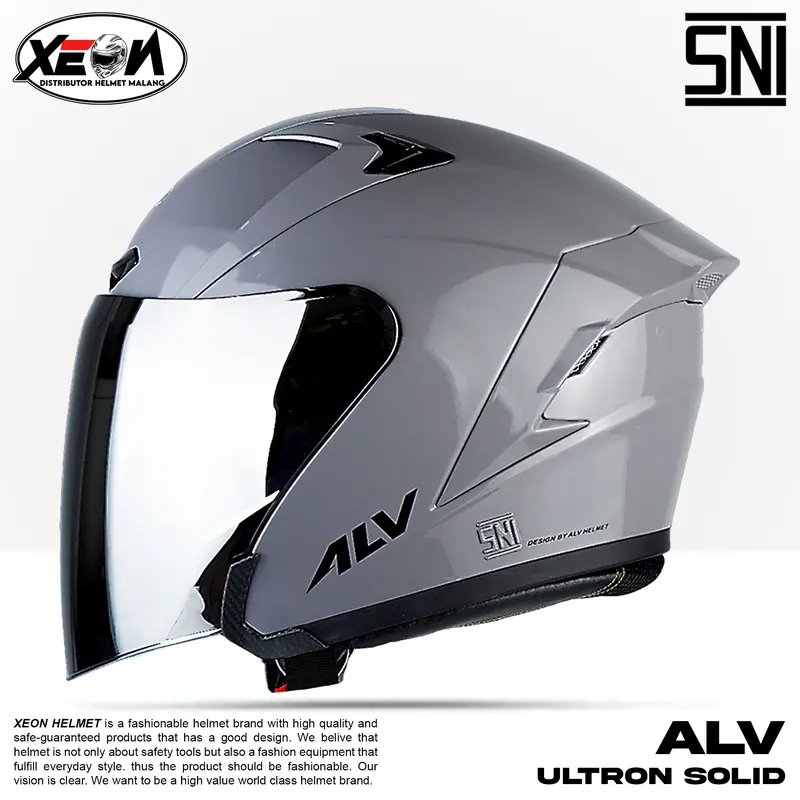Helm Half Face ALV Ultron Solid Putih dengan Visor Flat Silver/Clear SNI Motorcycle 1