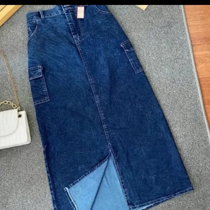 Rok Jeans Cargo Belah Depan Korean Style Melar Variasi Kantong Samping - Wanita Panjang 2