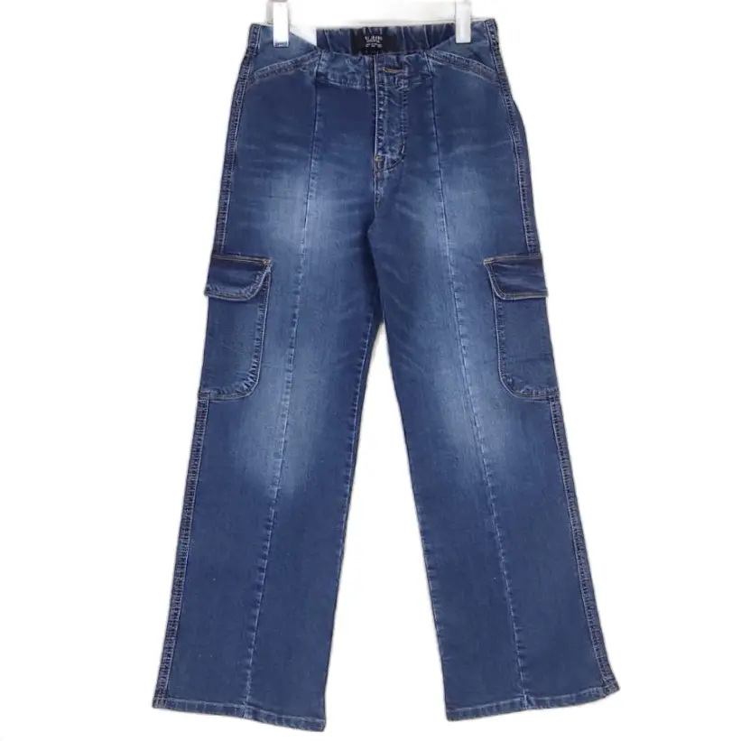 Celana Cargo Model standart Fit pinggang karet bahan denim stretch Wanita Jeans Panjang Nyaman 32808