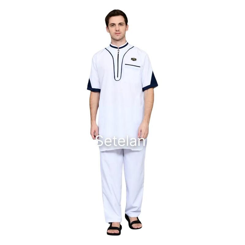 BAJU KOKO KURTA PAKISTAN BAHAN KATUN List Polka Dot Muslim  Pendek Pria Setelan Dewasa Navy baju koko pria Toyobo 2