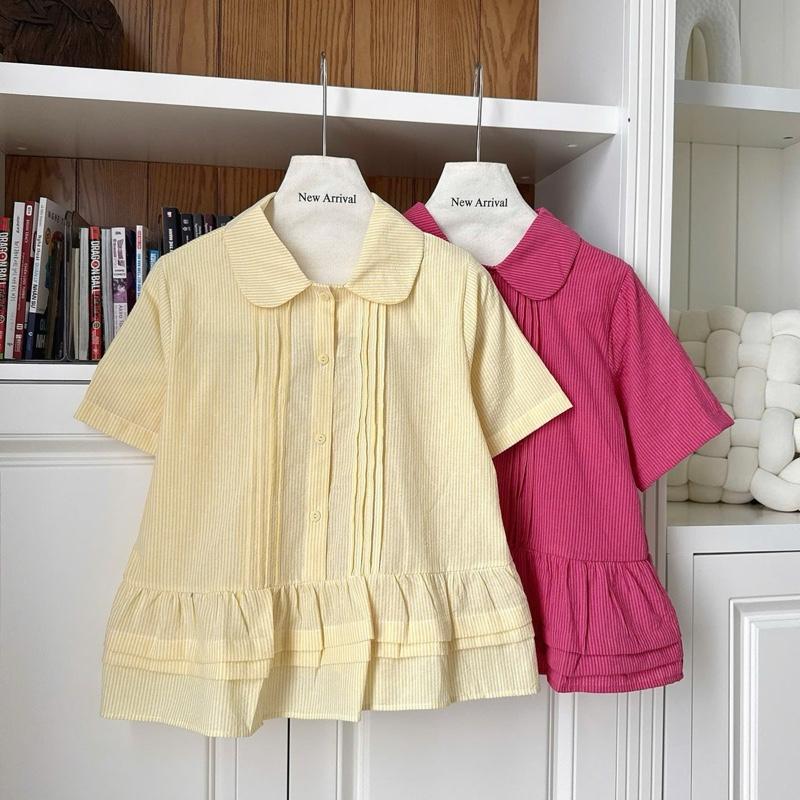 Áo sơ mi kẻ sọc dáng babydoll cổ sen chất thô mềm hàng Qc B1 freesz dưới 60kg