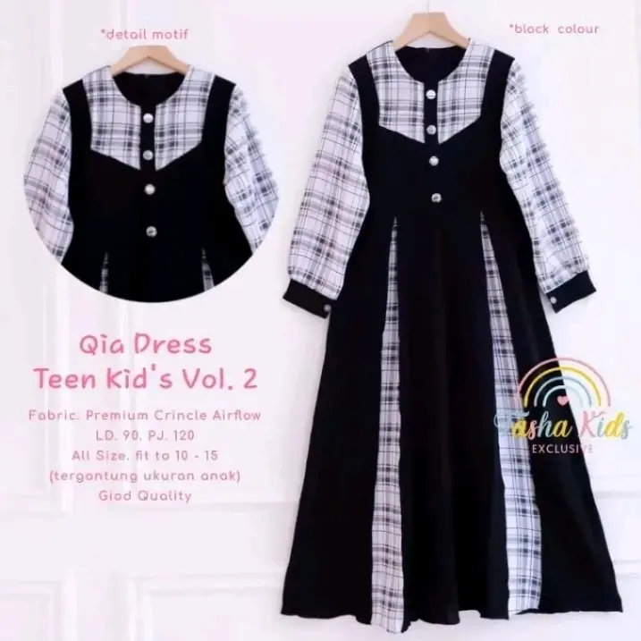 Qia Dress Teen Kids Dress Anak Cewek Tanggung Remaja Bahan Crinkle Airflow Mix Katun Usia 5-12 Tahun Kancing Muslim