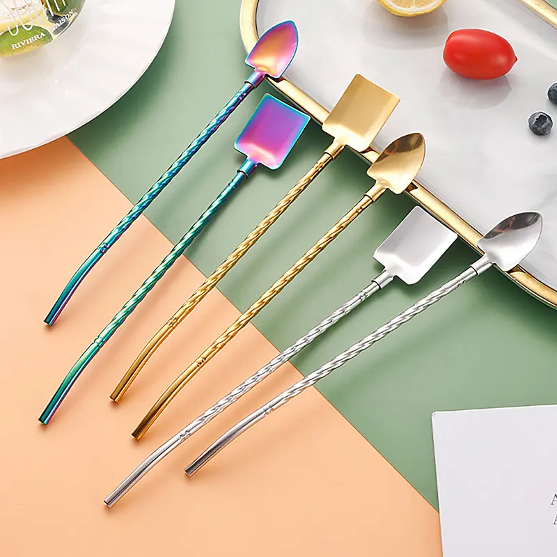 UUU-Ống Hút 2 Trong 1, Thìa Sáng Tạo Bằng Thép Không Gỉ, Ống Hút Tái Sử Dụng, Thìa Dưa Hấu, Dụng Cụ Khuấy Cà Phê Và Sữa Cho Quán Bar