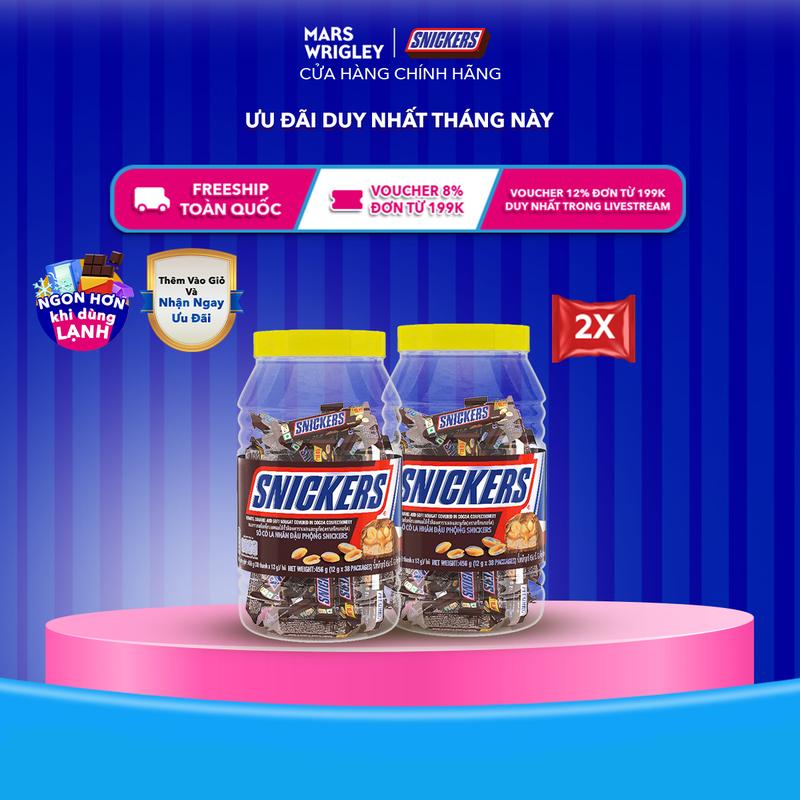 Combo 2 Hũ kẹo sô cô la nhân đậu phộng Snickers jar 38 thanh x 12g x 2 Hũ