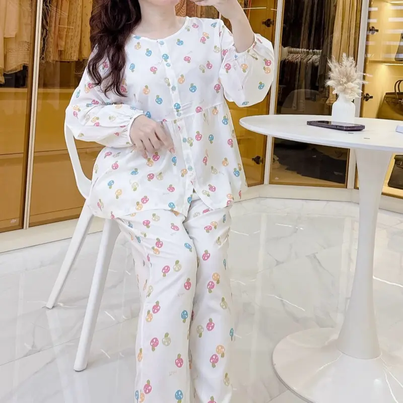 Bộ Babydol cổ tròn Lanh  ( Tolen) tay dài quần dài, Kiểu baby doll, cổ viền, tay phồng viền, nút thẳng!!( M/ L/ XL từ 45-75 ký