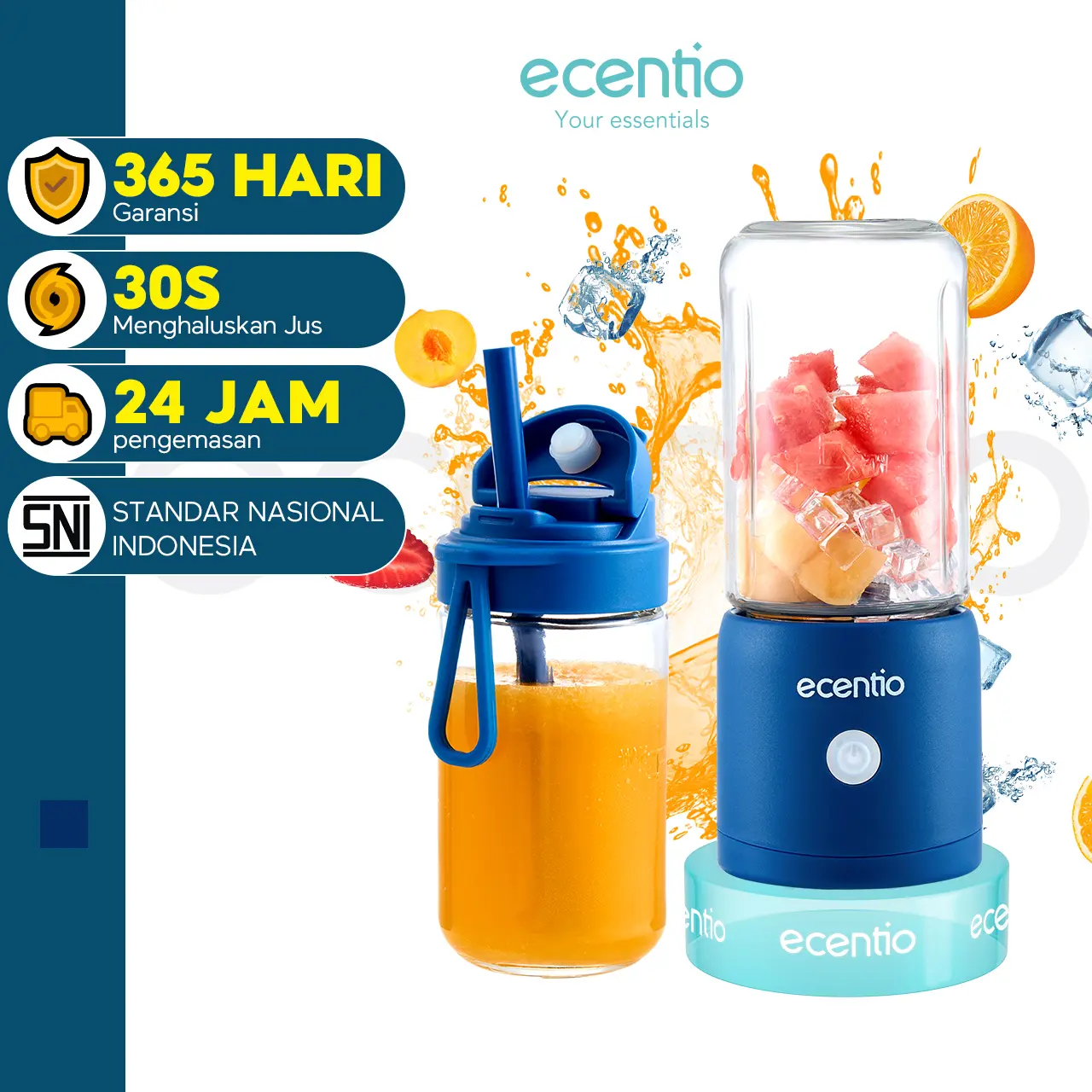 【In stock live】【10 Mata pisau】【Garansi 1 tahun】【Pengemasan bubble wrap dijamin aman 】ecentio blender 10 pisau juicer Kaca Tebal 2 Cup mini portable dengan sedotan 380ml+380ml