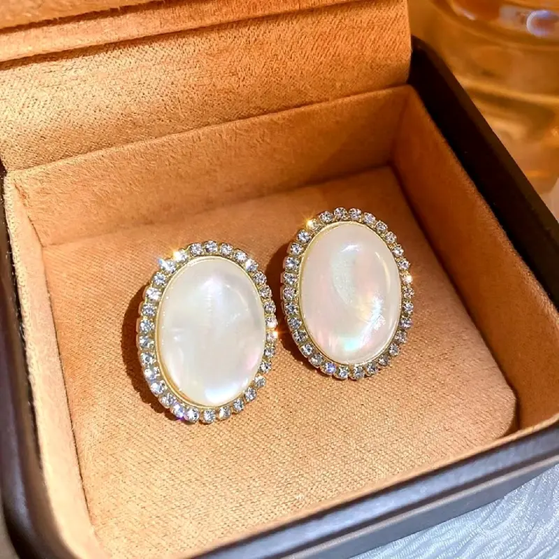 Bree Oval Zircon Stud Earrings Anting Tusuk Resin Model Giok Batu Stone Putih Fashion 6