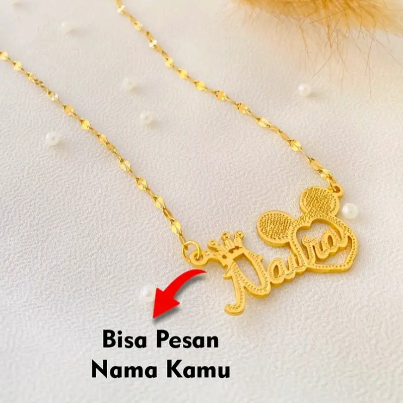 (Beli 1 Bonus 1 Cincin) Kalung Nama Custom Anak Dewasa Desain Liontin KarakterCartoon Spesial Pecak Kopi Aksesoris Perhiasan Custom Premium Titanium Lapis Emas warna Gold Silver RoseGold Aman di  Kulit Bisa Couple Aman Sehari-hari Stainless 0