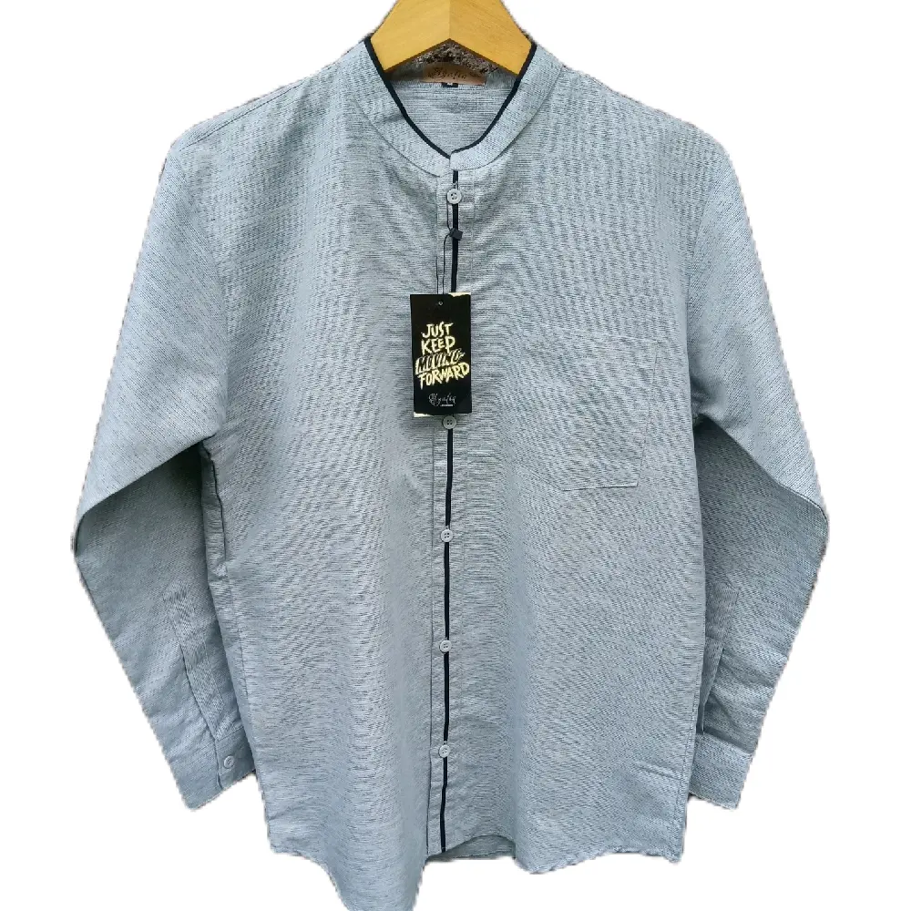 Baju Koko Kemeja Asyafiq Lengan Panjang Polos Biru untuk Pria Dewasa - Fashion Muslim - Atasan, Linen, Kurta, Katun, Motif