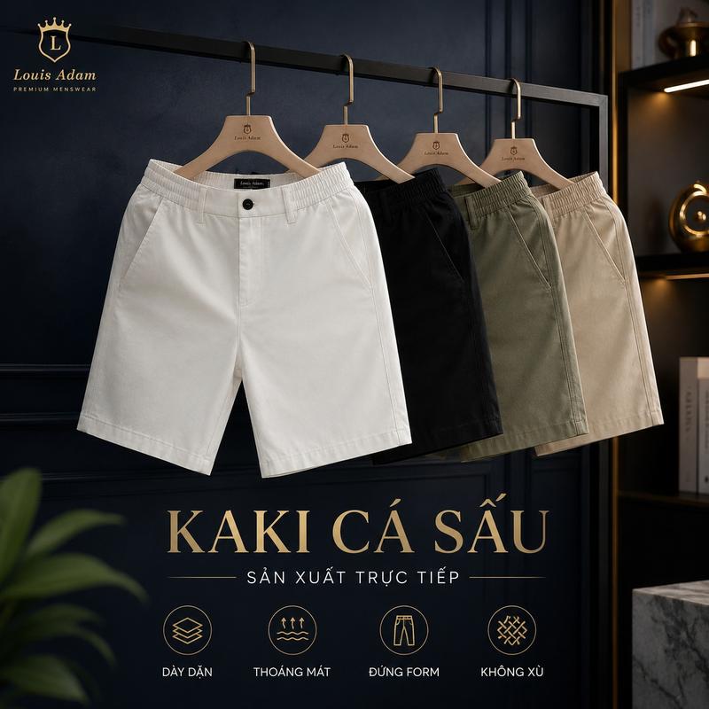 Quần Short Kaki Nam Basic LOUIS ADAM Quần Đùi Kaki Nam Form Trên Gối, Bền Đẹp, Trẻ Trung, Vải Kaki Cá Sấu