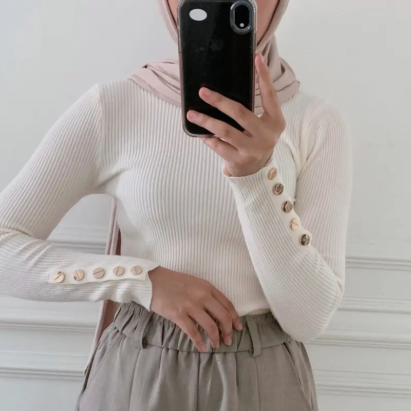 Inara Top Rib knit Button - Atasan iner wanita Polos Turtleneck Kancing Panjang 3