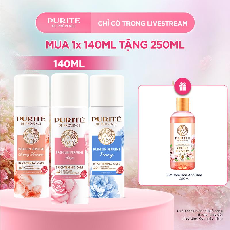[MỚI] Combo Xịt Khử Mùi Dưỡng Sáng Hương Nước Hoa Cao Cấp Purité 140ML + Tặng Sữa Tắm Purite Anh Đào 250ML
