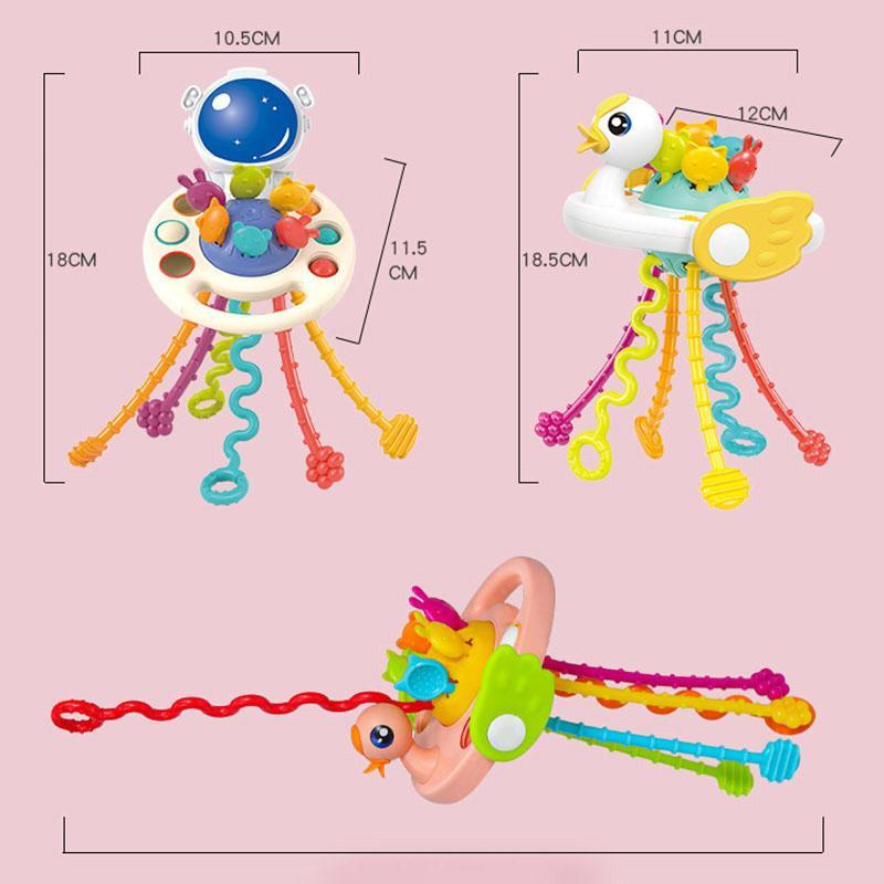 Product Introduction of Baby Finger Toy Bottle Shape Busy Toy Baby Anti-eating Hand Molar Ball Silicone Teether Pressable Pull Push String Teether Food Grade Silicone BPA Free 28