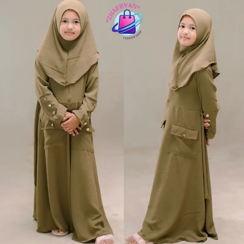 Gamis Abaya Anak Set Hijab 4th - 13th Model Tangan Kancing - Setelan Baju Dress Muslim Lebaran Syari Remaja Wanita Panjang Putih Hitam Crinkle Airflow  Navy Hijau Mustard Maroon 4