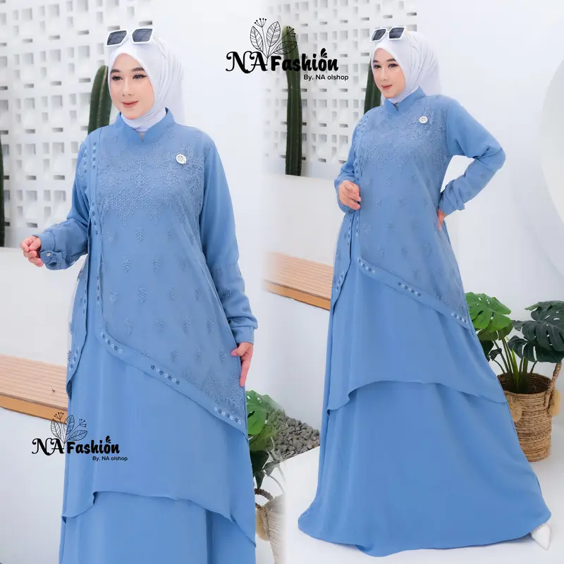 Na Fashion- NAMIRA Dress Gamis Malaysia Kombinasi Brukat Bahan Crinkle Premium mix brokat sapto minimalis cantik mewah elegant 5