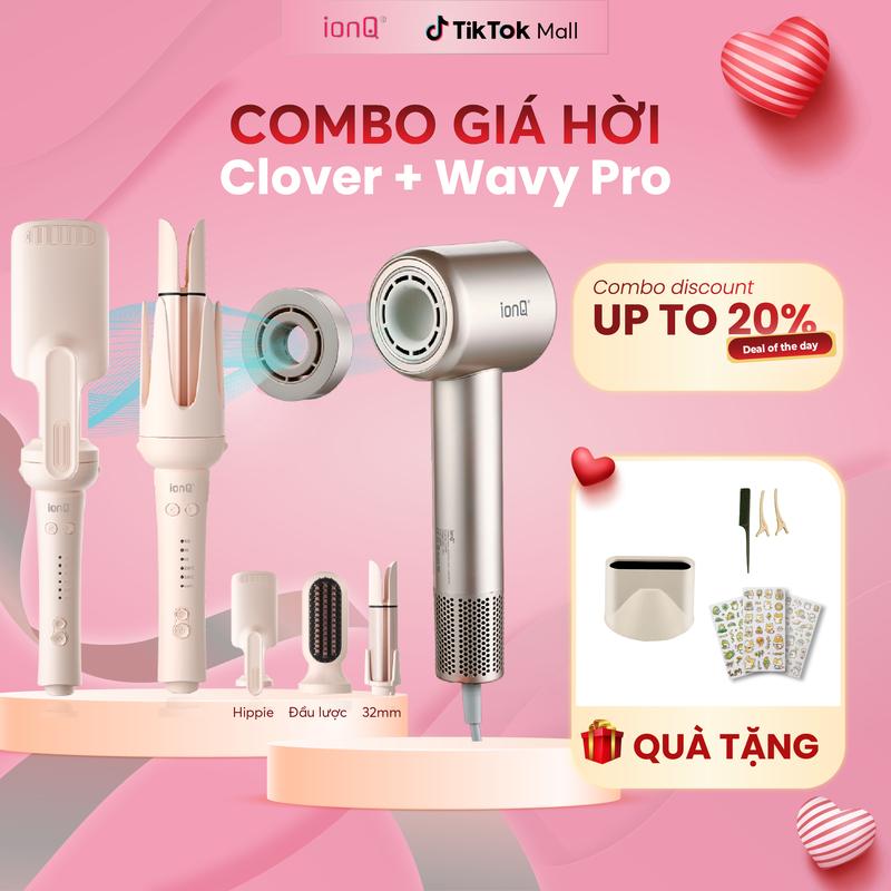 Combo máy sấy tóc ionQ Clover 500 triệu ion âm và Máy uốn tóc tự động ionQ Wavy 3in1