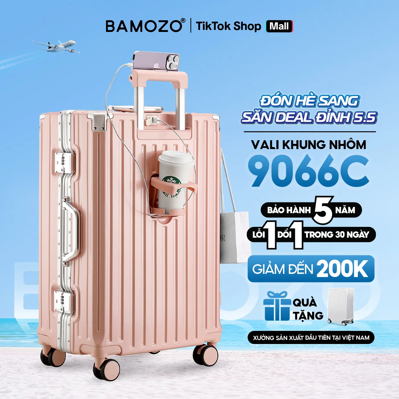 [GIÁ SỐC 5/5] Vali Bamozo Khung Nhôm 9066 Cao Cấp Nhựa Pc Nguyên Khối Chống Va Đập Size 20/24 4 Bánh Xoay 360 Độ Khóa Số Bảo Mật  - Phù Hợp Đi Du Lịch, Kí Gửi Nam Nữ