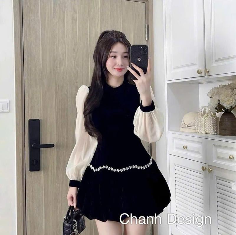 Váy nhung thiết kế cổ viền ngọc tay bồng voan tơ dáng bí xoè nhẹ đính đá tiểu thư sang chảnh KEELIN BEAUTY N362