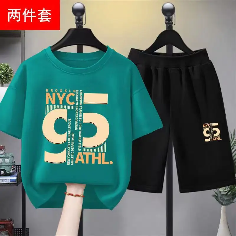 Children's clothing, boys' suit, summer fashion, middle and large children, Korean style, handsome, casual, short sleeve, two-piece set