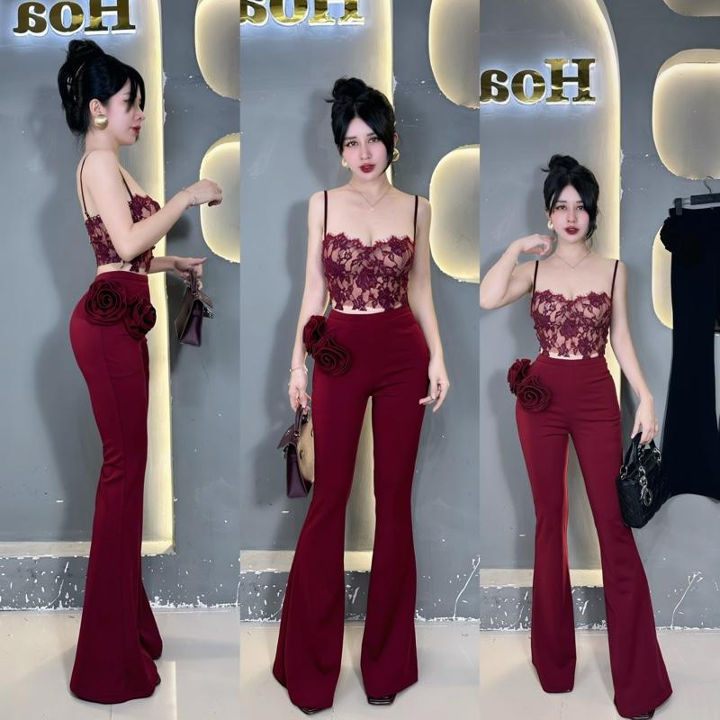  Hoa Enlly- Quần loe lụa đính hoa sang chảnh không đụng hàng hack chân dài miên man. Quần lưng cao vừa khoảng ngang rốn đính 2 bông hoa to một bên cực kì nổi bật. Chất vải kaki thun dày dặn co dãn ôm fix dáng ống quần dài trùm gót giày hack chân dài miên 